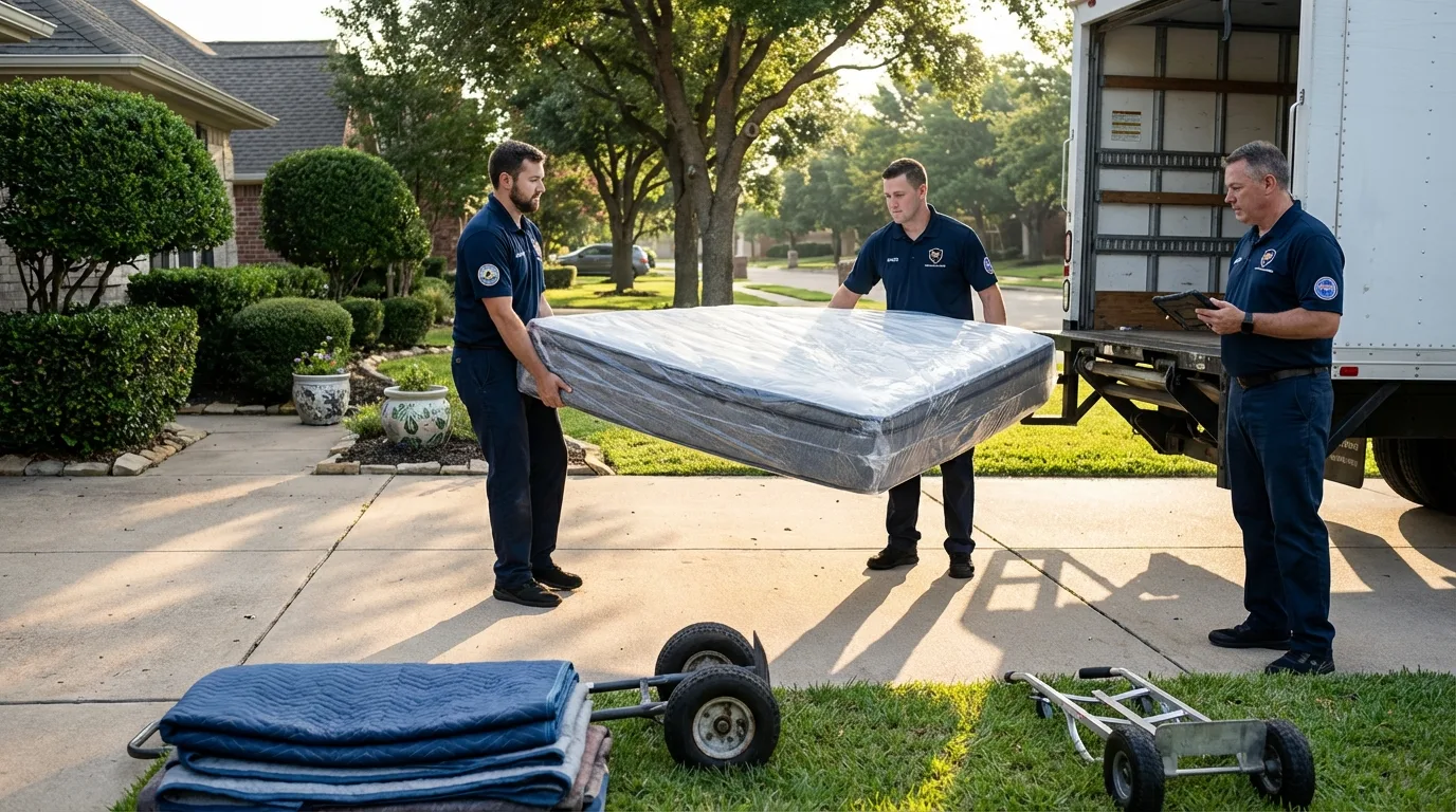 CamelBack crew loading padded residential furniture into moving truck on suburban driveway in South Dakota